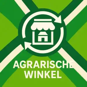 Logo voor agrarische winkel: een wit winkelicoon met cirkelvormige pijlen eromheen, geplaatst op de correcte Achterhoekse vlag met licht- en donkergroene diagonale banen en roomwitte kruisen, met daaronder de tekst AGRARISCHE WINKEL in hoofdletters.
