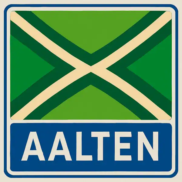 Plaatsnaambord met de tekst "AALTEN" in witte hoofdletters op een blauw vlak, met daarboven een gestileerde vlag met groene vlakken en een crèmekleurig kruispatroon.