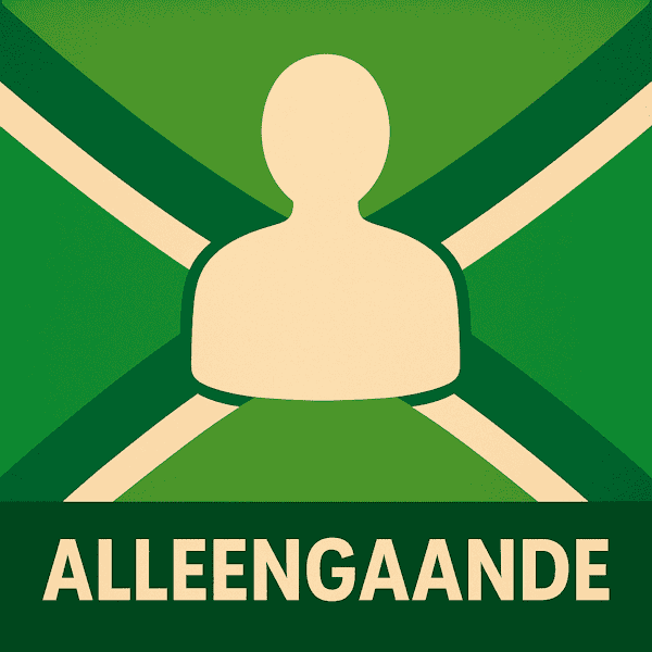 Logo van een alleenstaand persoon in silhouet op de Achterhoekse vlag, met de tekst “ALLEENGAANDE” onderin in een donkergroene balk.