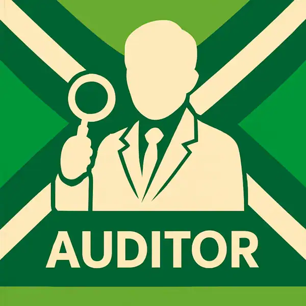 Logo van een auditor met vergrootglas in silhouet op de Achterhoekse vlag, met de tekst “AUDITOR” onderin in een donkergroene balk.