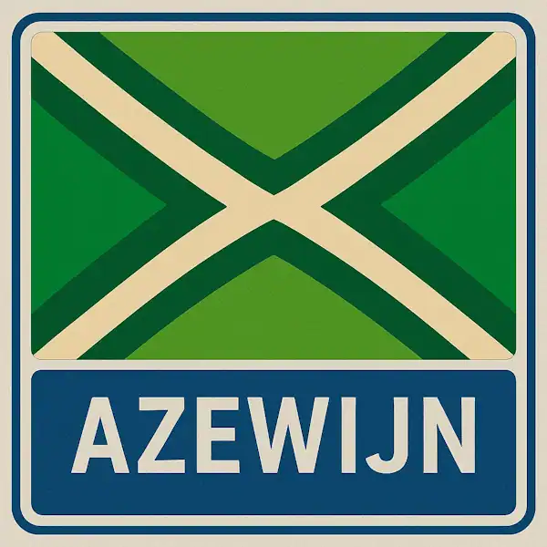 Plaatsnaambord met de tekst "AZEWIJN" in witte hoofdletters op een blauw vlak, met daarboven een groene vlag met een crèmekleurig kruispatroon.