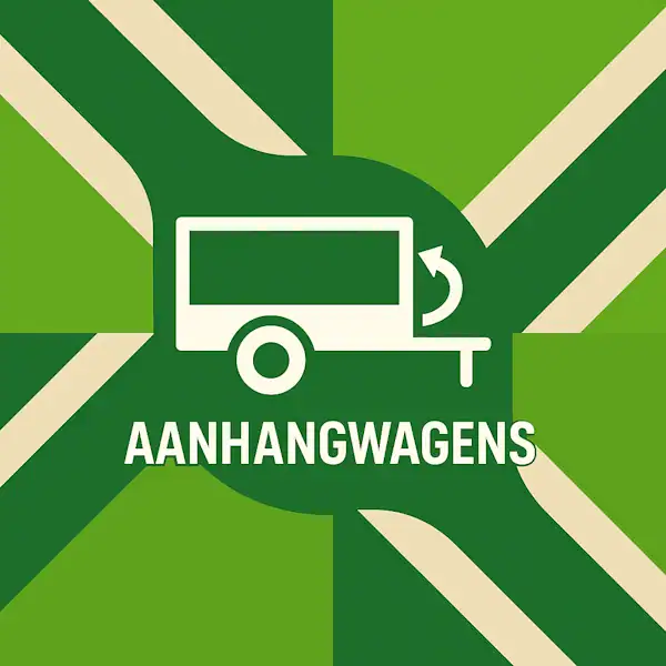 Logo voor aanhangwagens: een wit aanhangwagenicoon met pijl, geplaatst op de achtergrond van de Achterhoekse vlag met licht- en donkergroene diagonale kruisen en roomwitte banen, en daaronder de tekst 'Aanhangwagens' in hoofdletters