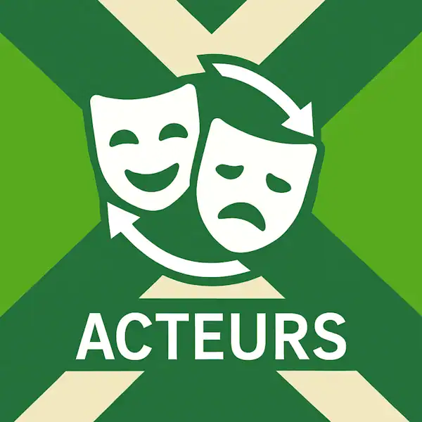 Logo voor acteurs: twee witte theatermaskers (lachend en treurend) met gebogen pijlen eromheen, geplaatst op de correcte Achterhoekse vlag met licht- en donkergroene diagonale banen en roomwitte kruisen, met daaronder de tekst ACTEURS in hoofdletters.