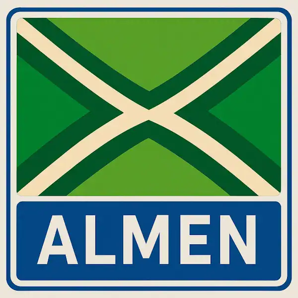 Plaatsnaambord met de tekst "ALMEN" in witte hoofdletters op een blauw veld, met daarboven een gestileerde vlag met een groene achtergrond en een crèmekleurig kruis.