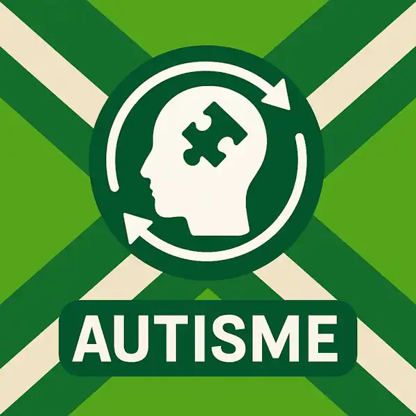 Logo voor autisme: een wit silhouet van een hoofd met een puzzelstuk erin en cirkelvormige pijlen eromheen, geplaatst op de correcte Achterhoekse vlag met lichtgroene en donkergroene diagonale banen en roomwitte kruisen, met daaronder de tekst AUTISME in hoofdletters.