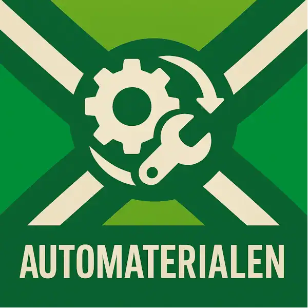 Logo voor automaterialen: een wit tandwiel en moersleutel met cirkelvormige pijlen eromheen, geplaatst op de correcte Achterhoekse vlag met lichtgroene en donkergroene diagonale banen en roomwitte kruisen, met daaronder de tekst AUTOMATERIALEN in hoofdletters.