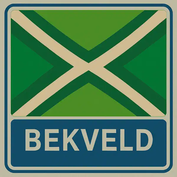 Plaatsnaambord met de tekst "BEKVELD" in witte hoofdletters op een blauw vlak, met daarboven een groene vlag met een crèmekleurig kruispatroon.