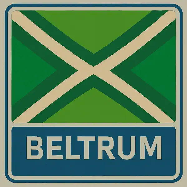 Plaatsnaambord met de tekst "BELTRUM" in witte hoofdletters op een blauw vlak, met daarboven een groene vlag met een crèmekleurig kruispatroon.