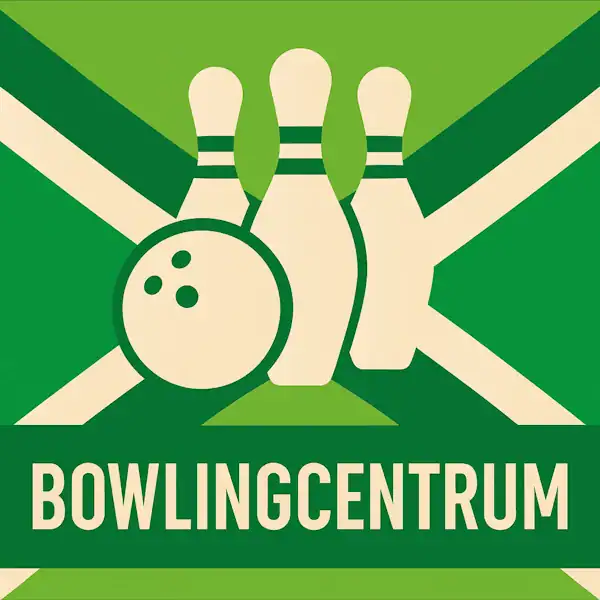 Logo van drie kegels en een bowlingbal in silhouet op de Achterhoekse vlag, met de tekst “BOWLINGCENTRUM” onderin in een donkergroene balk.