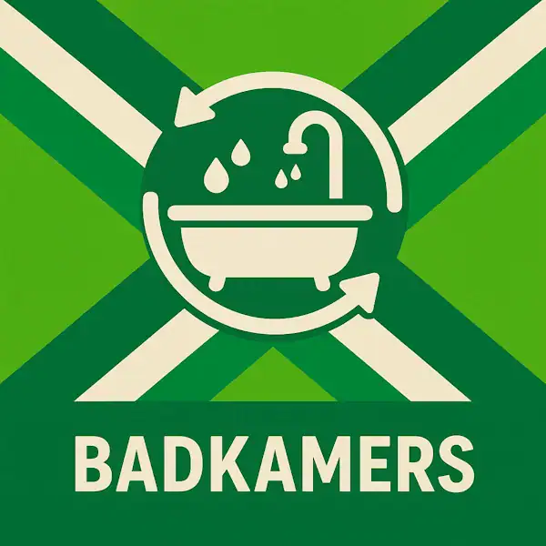 Logo voor badkamers: een wit badkuipicoon met kraan en waterdruppels, omringd door cirkelvormige pijlen, geplaatst op de correcte Achterhoekse vlag met lichtgroene en donkergroene diagonale banen en roomwitte kruisen, met daaronder de tekst BADKAMERS in hoofdletters.