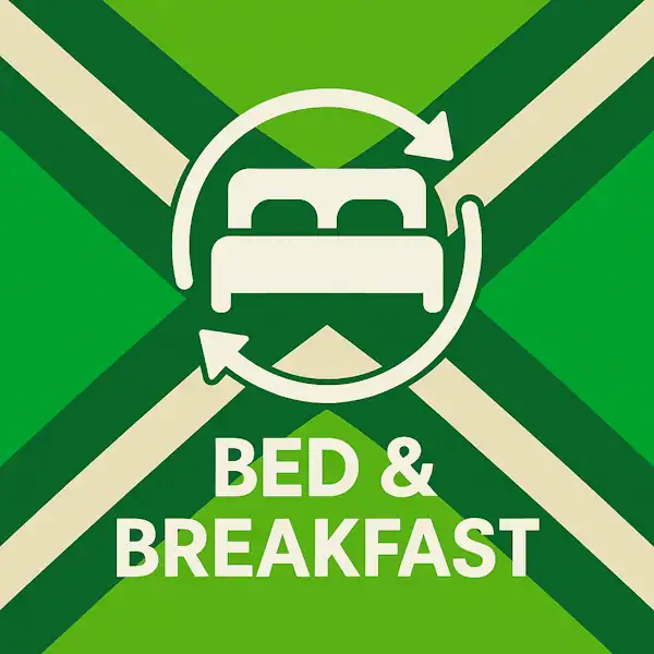 Logo voor Bed & Breakfast: een wit bedicoon met cirkelvormige pijlen eromheen, geplaatst op de correcte Achterhoekse vlag met lichtgroene en donkergroene diagonale banen en roomwitte kruisen, met daaronder de tekst BED & BREAKFAST in hoofdletters.