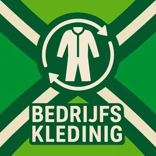 Logo voor bedrijfskleding: een wit overall-icoon met cirkelvormige pijlen eromheen, geplaatst op de correcte Achterhoekse vlag met lichtgroene en donkergroene diagonale banen en roomwitte kruisen, met daaronder de tekst BEDRIJFSKLEDING in hoofdletters.