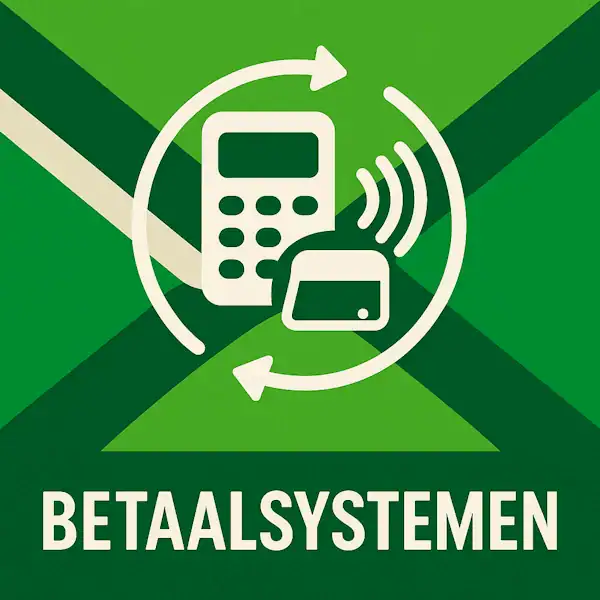 Logo voor betaalsystemen: een wit pinapparaat en betaalpas met contactloos-symbool, omringd door cirkelvormige pijlen, geplaatst op de correcte Achterhoekse vlag met lichtgroene en donkergroene diagonale banen en roomwitte kruisen, met daaronder de tekst BETAALSYSTEMEN in hoofdletters.