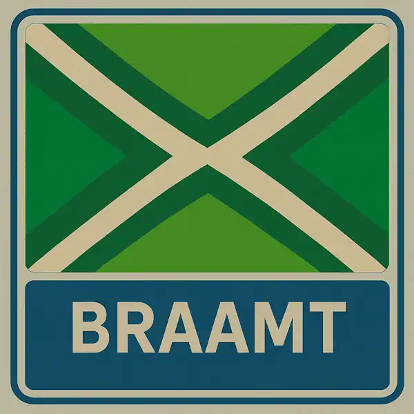 Plaatsnaambord met de tekst "BRAAMT" in witte hoofdletters op een blauw vlak, met daarboven een groene vlag met een crèmekleurig kruispatroon.