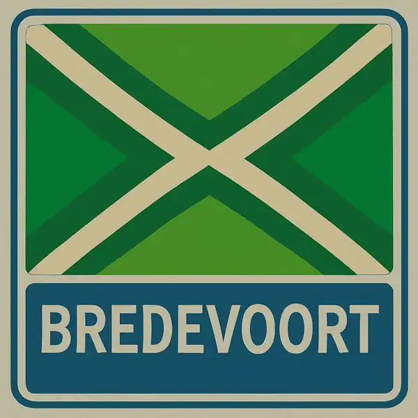 Plaatsnaambord met de tekst "BREDEVOORT" in witte hoofdletters op een blauw vlak, met daarboven een groene vlag met een crèmekleurig kruispatroon.