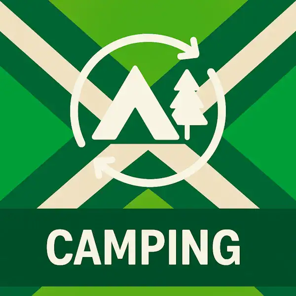 Logo voor camping: een wit icoon van een tent met dennenboom, omringd door cirkelvormige pijlen, geplaatst op de correcte Achterhoekse vlag met lichtgroene en donkergroene diagonale banen en roomwitte kruisen, met daaronder de tekst CAMPING in hoofdletters op een donkergroene balk.