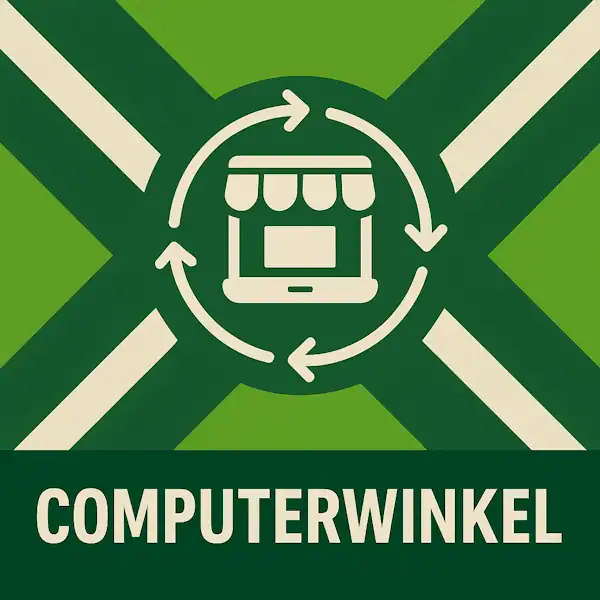 Logo voor computerwinkel: een wit computericoon met winkelzonnescherm en cirkelvormige pijlen eromheen, geplaatst op de correcte Achterhoekse vlag met lichtgroene en donkergroene diagonale banen en roomwitte kruisen, met daaronder de tekst COMPUTERWINKEL in hoofdletters op een donkergroene balk over de volledige breedte.