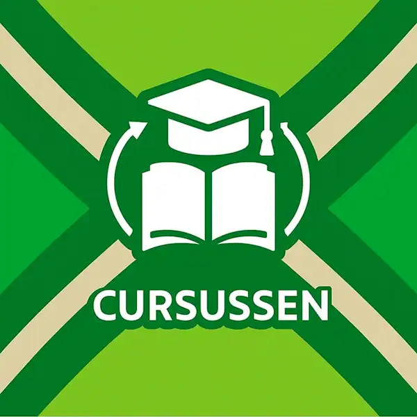 Wit pictogram van een open boek met een afstudeerhoed en cirkelvormige pijlen eromheen, geplaatst op de vlag van de Achterhoek met donkergroene diagonale kruisen en roomwitte lijnen op een lichtgroene achtergrond.