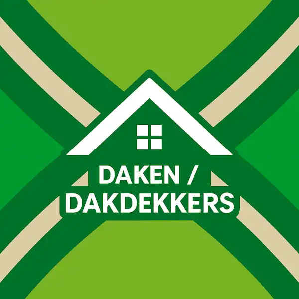 Wit dakicoon van een huis met raam, met daaronder de tekst “DAKEN / DAKDEKKERS” in hoofdletters, geplaatst op de vlag van de Achterhoek met donkergroene diagonale kruisen en roomwitte lijnen op een lichtgroene achtergrond.