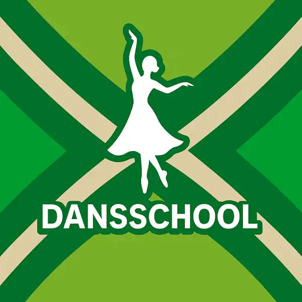Wit silhouet van een danseres in sierlijke pose, met daaronder het woord “DANSSCHOOL” in hoofdletters, geplaatst op de vlag van de Achterhoek met donkergroene diagonale kruisen en roomwitte lijnen op een lichtgroene achtergrond.