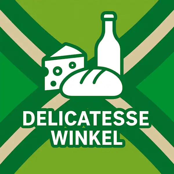 Wit pictogram met een stuk kaas, een brood en een wijnfles, met daaronder de tekst “DELICATESSE WINKEL” in hoofdletters, geplaatst op de vlag van de Achterhoek met donkergroene diagonale kruisen en roomwitte lijnen op een lichtgroene achtergrond.