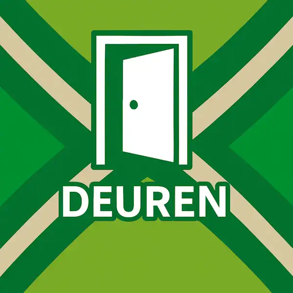 Wit pictogram van een openstaande deur, met daaronder de tekst “DEUREN” in hoofdletters, geplaatst op de vlag van de Achterhoek met lichtgroene achtergrond, donkergroene diagonale kruisen en roomwitte lijnen.