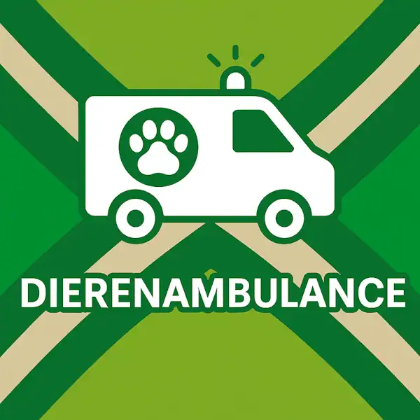 Wit pictogram van een dierenambulance met een pootafdruk op de zijkant en zwaailicht bovenop, met daaronder de tekst “DIERENAMBULANCE” in hoofdletters, geplaatst op de vlag van de Achterhoek met donkergroene diagonale kruisen en roomwitte lijnen op een lichtgroene achtergrond.