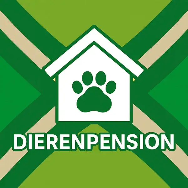 Wit pictogram van een hondenhok met een pootafdruk in het midden, met daaronder de tekst “DIERENPENSION” in hoofdletters, geplaatst op de vlag van de Achterhoek met donkergroene diagonale kruisen en roomwitte lijnen op een lichtgroene achtergrond.