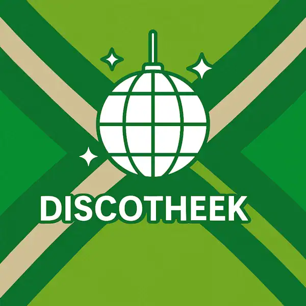 Wit pictogram van een discobal met glinsterende sterretjes, hangend boven de tekst “DISCOTHEEK” in hoofdletters, geplaatst op de vlag van de Achterhoek met donkergroene diagonale kruisen en roomwitte lijnen op een lichtgroene achtergrond.