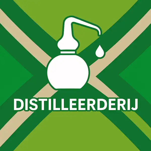 Wit pictogram van een traditionele distilleerketel met een druppel, met daaronder de tekst “DISTILLEERDERIJ” in hoofdletters, geplaatst op de vlag van de Achterhoek met donkergroene diagonale kruisen en roomwitte lijnen op een lichtgroene achtergrond.