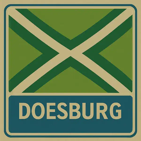 Plaatsnaambord met de tekst "DOESBURG" in witte hoofdletters op een blauw vlak, met daarboven een groene vlag met een crèmekleurig kruispatroon.
