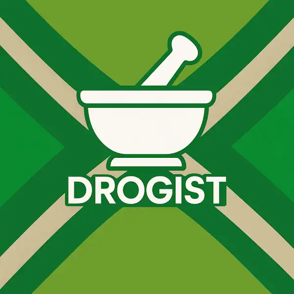 Wit pictogram van een vijzel met stamper, met daaronder de tekst “DROGIST” in hoofdletters, geplaatst op de vlag van de Achterhoek met donkergroene diagonale kruisen en roomwitte lijnen op een lichtgroene achtergrond.