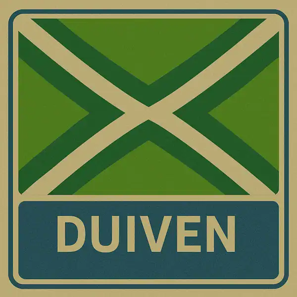 Plaatsnaambord met de tekst "DUIVEN" in witte hoofdletters op een blauw vlak, met daarboven een groene vlag met een crèmekleurig kruispatroon.