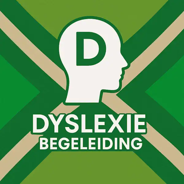 Wit pictogram van een mensenhoofd in profiel met de letter “D” erin, met daaronder de tekst “DYSLEXIE BEGELEIDING” in hoofdletters, geplaatst op de vlag van de Achterhoek met donkergroene diagonale kruisen en roomwitte lijnen op een lichtgroene achtergrond.