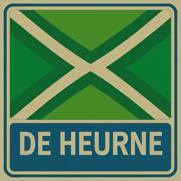 Plaatsnaambord met de tekst "DE HEURNE" in witte hoofdletters op een blauw vlak, met daarboven een groene vlag met een crèmekleurig kruispatroon.