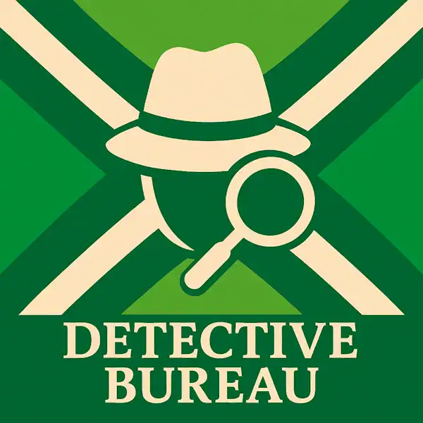 Logo van een detectivehoed met vergrootglas in silhouet op de Achterhoekse vlag, met de tekst “DETECTIVE BUREAU” onderin in een donkergroene balk.