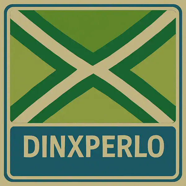 Plaatsnaambord met de tekst "DINXPERLO" in witte hoofdletters op een blauw vlak, met daarboven een vlag in de juiste kleuren: twee tinten groen met een crèmekleurig kruispatroon.