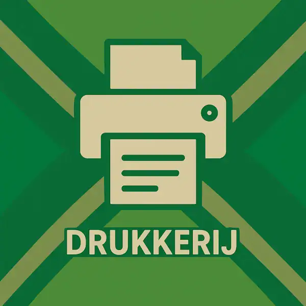 Wit pictogram van een printer met een vel papier, met daaronder de tekst “DRUKKERIJ” in hoofdletters, geplaatst op de vlag van de Achterhoek met donkergroene diagonale kruisen en roomwitte lijnen op een lichtgroene achtergrond.
