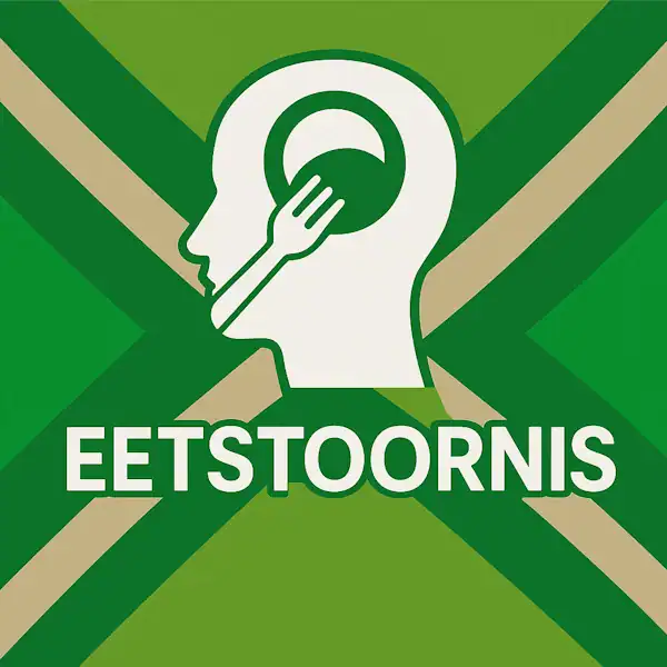 Wit pictogram van een mensenhoofd in profiel met een bord en vork erin verwerkt, met daaronder de tekst “EETSTOORNIS” in hoofdletters, geplaatst op de vlag van de Achterhoek met donkergroene diagonale kruisen en roomwitte lijnen op een lichtgroene achtergrond.