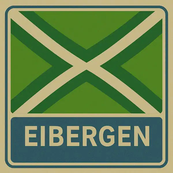 Plaatsnaambord met de tekst "EIBERGEN" in witte hoofdletters op een blauw vlak, met daarboven een groene vlag met een crèmekleurig kruispatroon.