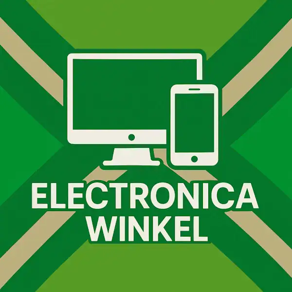 Wit pictogram van een computerscherm en een smartphone, met daaronder de tekst “ELECTRONICA WINKEL” in hoofdletters, geplaatst op de vlag van de Achterhoek met donkergroene diagonale kruisen en roomwitte lijnen op een lichtgroene achtergrond.