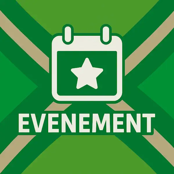 Wit pictogram van een kalender met een ster erin, met daaronder de tekst “EVENEMENT” in hoofdletters, geplaatst op de vlag van de Achterhoek met donkergroene diagonale kruisen en roomwitte lijnen op een lichtgroene achtergrond.