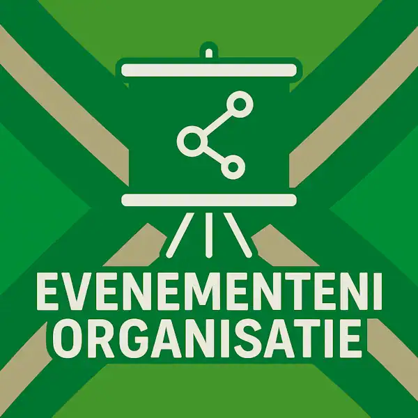 Wit pictogram van een presentatiebord met verbonden knooppunten, met daaronder de tekst “EVENEMENTEN ORGANISATIE” in hoofdletters, geplaatst op de vlag van de Achterhoek met donkergroene diagonale kruisen en roomwitte lijnen op een lichtgroene achtergrond.