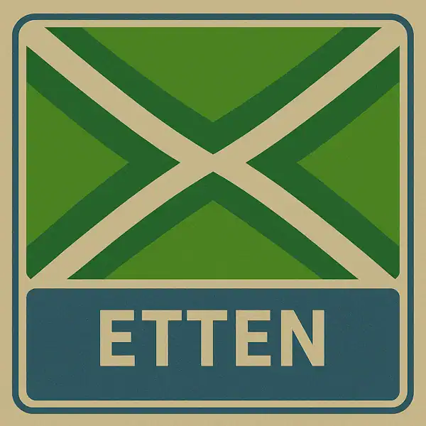 Plaatsnaambord met de tekst "ETTEN" in witte hoofdletters op een blauw vlak, met daarboven een groene vlag met een crèmekleurig kruispatroon.