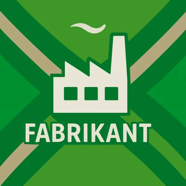Wit pictogram van een fabriek met drie ramen en een schoorsteen met rookpluim, met daaronder de tekst “FABRIKANT” in hoofdletters, geplaatst op de vlag van de Achterhoek met donkergroene diagonale kruisen en roomwitte lijnen op een lichtgroene achtergrond.