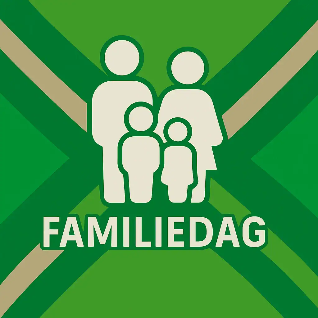 Wit pictogram van vier gestileerde gezinsleden (twee volwassenen en twee kinderen), met daaronder de tekst “FAMILIEDAG” in hoofdletters, geplaatst op de vlag van de Achterhoek met donkergroene diagonale kruisen en roomwitte lijnen op een lichtgroene achtergrond.