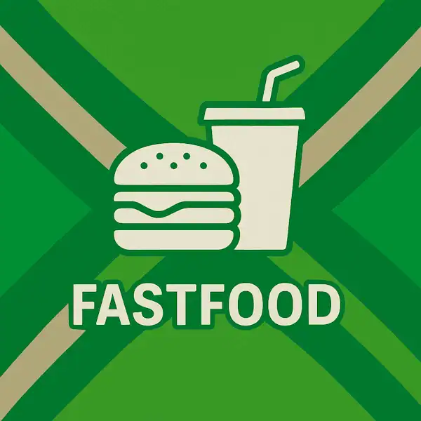 Wit pictogram van een hamburger en frisdrankbeker met rietje, met daaronder de tekst “FASTFOOD” in hoofdletters, geplaatst op de vlag van de Achterhoek met donkergroene diagonale kruisen en roomwitte lijnen op een lichtgroene achtergrond.