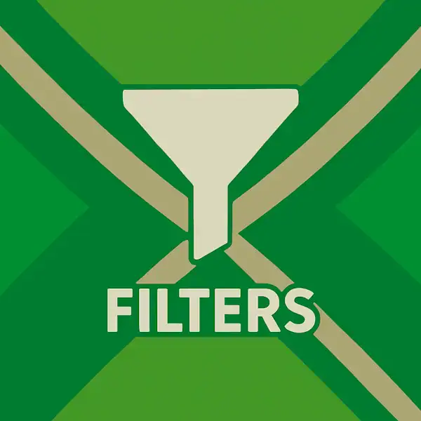 Wit pictogram van een trechter als symbool voor filters, met daaronder de tekst “FILTERS” in hoofdletters, geplaatst op de vlag van de Achterhoek met donkergroene diagonale kruisen en roomwitte lijnen op een lichtgroene achtergrond.