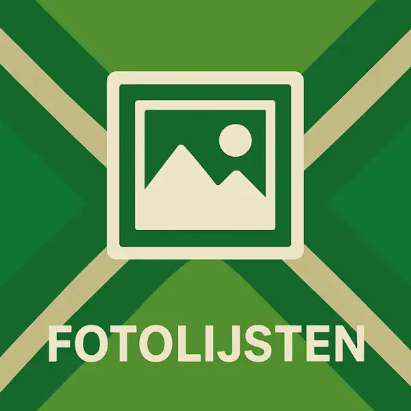 Wit pictogram van een fotolijst met een afbeelding van bergen en zon, met daaronder de tekst “FOTOLIJSTEN” in hoofdletters, geplaatst op de vlag van de Achterhoek met donkergroene diagonale kruisen en roomwitte lijnen op een lichtgroene achtergrond.