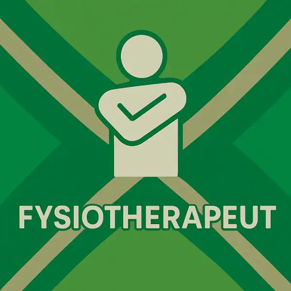 Wit pictogram van een gestileerde menselijke figuur met een arm over de borst, als symbool voor fysiotherapie, met daaronder de tekst “FYSIOTHERAPEUT” in hoofdletters, geplaatst op de vlag van de Achterhoek met donkergroene diagonale kruisen en roomwitte lijnen op een lichtgroene achtergrond.